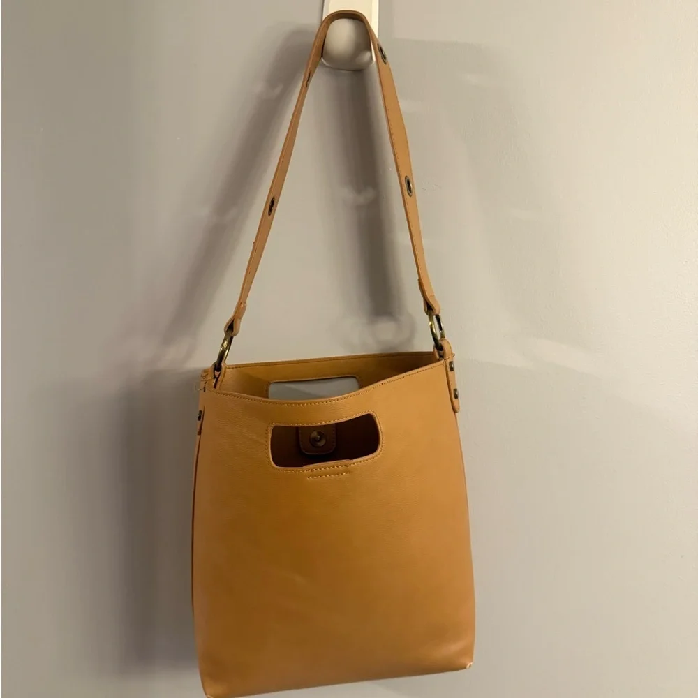Tan Faux Leather Shoulder Tote Bag Cutout Handle Minimalist